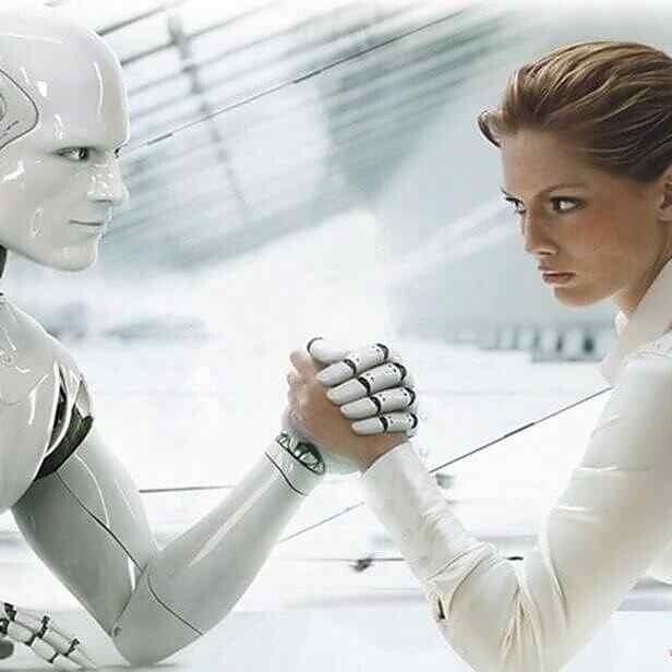 Image of a robot and a woman